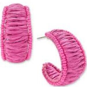 On 34th Silver-Tone Medium Color Seed Bead & Raffia C-Hoop Earrings, 1.25" Pink